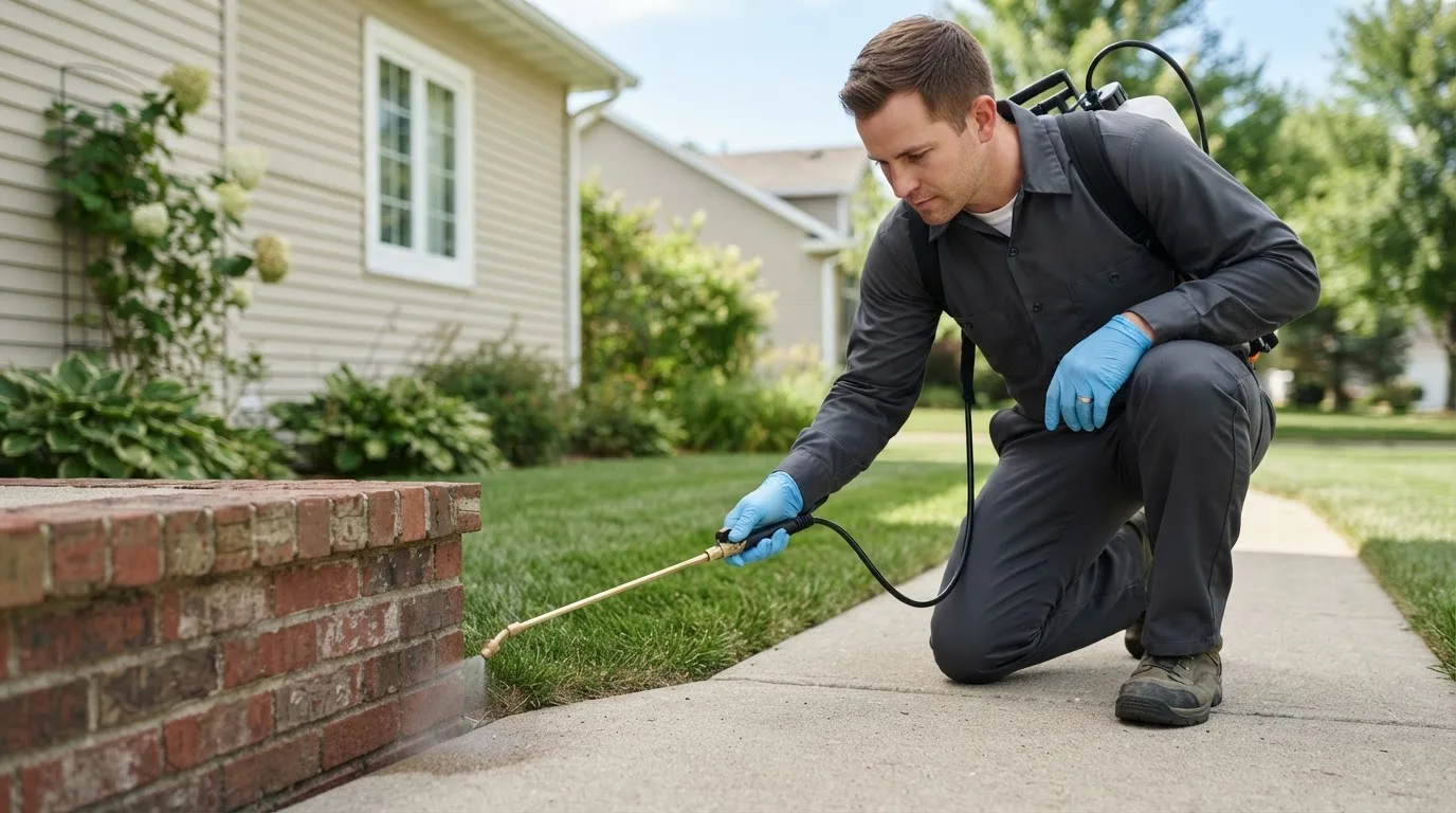 Pest control technician treating a home near Evansville, IN