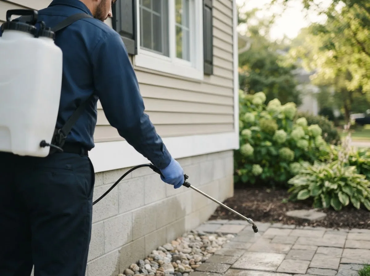 Pest control technician inspecting a home in Evansville, IN
